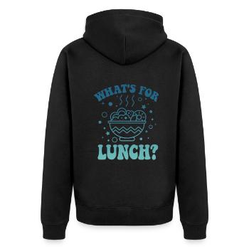 Was gibt es zum Mittagessen? - Unisex Premium Bio Zip Hoodie - Schwarz - Hinten - Nico (187cm)