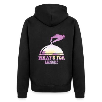 Was gibt es zum Mittagessen? - Unisex Premium Bio Zip Hoodie - Schwarz - Hinten - Nico (187cm)