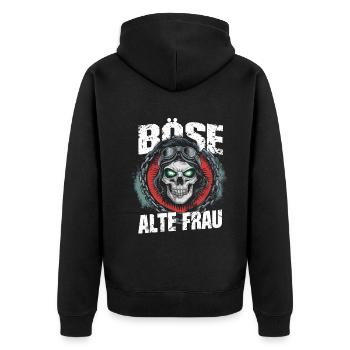 Motorrad Biker Lady Sarkasmus Böse alte Frau - Unisex Premium Bio Zip Hoodie - Schwarz - Hinten - Nico (187cm)