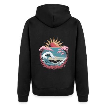 Big Wave Vaporwave Aesthetic 80s Anime Fashion - Unisex Premium Bio Zip Hoodie - Schwarz - Hinten - Nico (187cm)