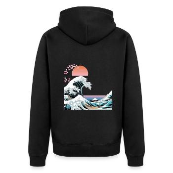 Big Wave Vaporwave Aesthetic 80s Anime Fashion - Unisex Premium Bio Zip Hoodie - Schwarz - Hinten - Nico (187cm)