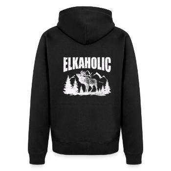 Elchjagd Elkaholische Jäger - Unisex Premium Bio Zip Hoodie - Schwarz - Hinten - Nico (187cm)