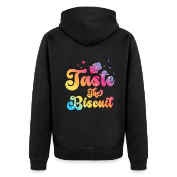 Schmecke den Keks Schmecke die Güte - Unisex Premium Bio Zip Hoodie - Schwarz - Hinten - Nico (187cm)