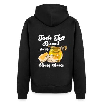 Schmecke den Keks Schmecke die Güte - Unisex Premium Bio Zip Hoodie - Schwarz - Hinten - Nico (187cm)