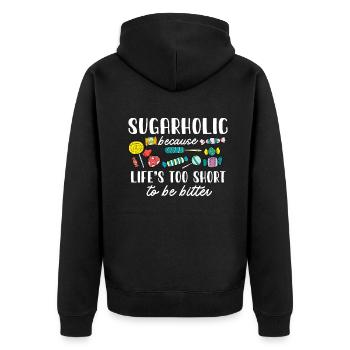Sugarholic Sweets Zucker Süßigkeiten Enthusiast - Unisex Premium Bio Zip Hoodie - Schwarz - Hinten - Nico (187cm)