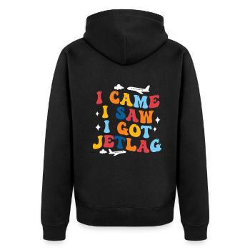Ich kam, ich sah, ich bekam Jetlag, Reisehumor - Unisex Premium Bio Zip Hoodie - Schwarz - Hinten - Nico (187cm)