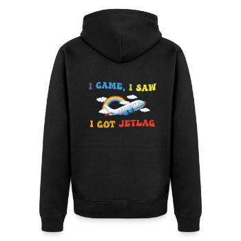 Ich kam, ich sah, ich bekam Jetlag, Reisehumor - Unisex Premium Bio Zip Hoodie - Schwarz - Hinten - Nico (187cm)