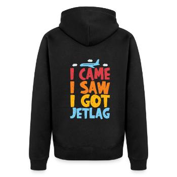 Ich kam, ich sah, ich bekam Jetlag, Reisehumor - Unisex Premium Bio Zip Hoodie - Schwarz - Hinten - Nico (187cm)