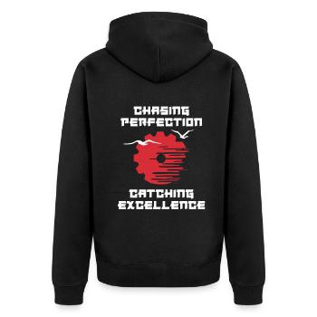 Kaizen-Mindset auf der Jagd nach Perfektion - Unisex Premium Bio Zip Hoodie - Schwarz - Hinten - Nico (187cm)