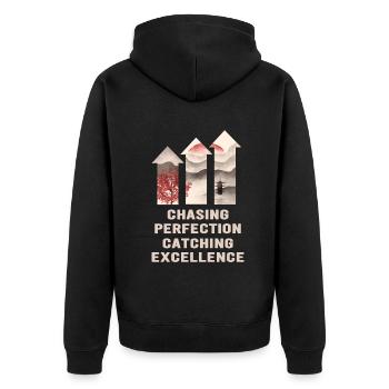Kaizen-Mindset auf der Jagd nach Perfektion - Unisex Premium Bio Zip Hoodie - Schwarz - Hinten - Nico (187cm)