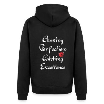 Kaizen-Mindset auf der Jagd nach Perfektion - Unisex Premium Bio Zip Hoodie - Schwarz - Hinten - Nico (187cm)