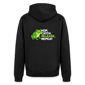 Hop Catch Release Repeat Frosch Humor - Unisex Premium Bio Zip Hoodie - Schwarz - Hinten - Nico (187cm)