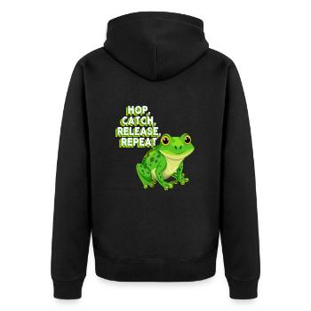 Hop Catch Release Repeat Frosch Humor - Unisex Premium Bio Zip Hoodie - Schwarz - Hinten - Nico (187cm)