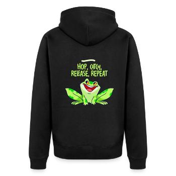 Hop Catch Release Repeat Frosch Humor - Unisex Premium Bio Zip Hoodie - Schwarz - Hinten - Nico (187cm)
