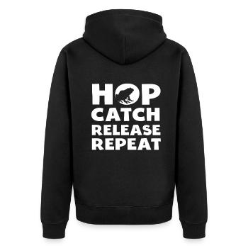 Hop Catch Release Repeat Frosch Humor - Unisex Premium Bio Zip Hoodie - Schwarz - Hinten - Nico (187cm)