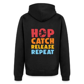 Hop Catch Release Repeat Frosch Humor - Unisex Premium Bio Zip Hoodie - Schwarz - Hinten - Nico (187cm)