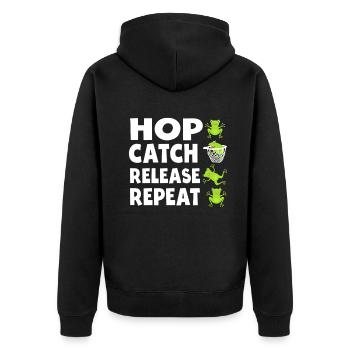 Hop Catch Release Repeat Frosch Humor - Unisex Premium Bio Zip Hoodie - Schwarz - Hinten - Nico (187cm)