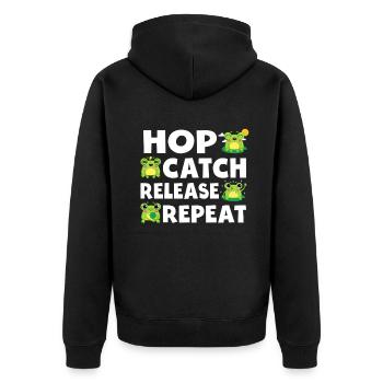 Hop Catch Release Repeat Frosch Humor - Unisex Premium Bio Zip Hoodie - Schwarz - Hinten - Nico (187cm)