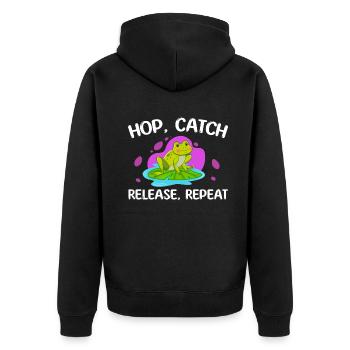 Hop Catch Release Repeat Frosch Humor - Unisex Premium Bio Zip Hoodie - Schwarz - Hinten - Nico (187cm)