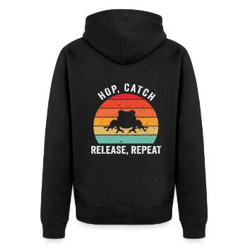 Hop Catch Release Repeat Frosch Humor - Unisex Premium Bio Zip Hoodie - Schwarz - Hinten - Nico (187cm)