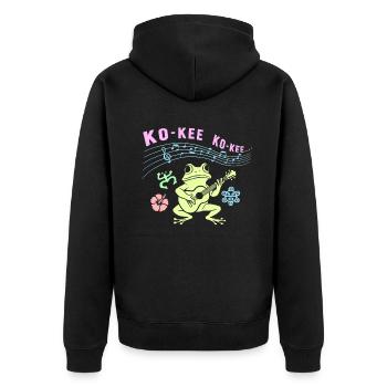 Ko-Kee Frog spielt Gitarre Melodie - Unisex Premium Bio Zip Hoodie - Schwarz - Hinten - Nico (187cm)