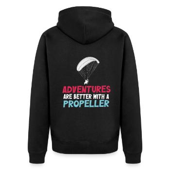 Abenteuer sind besser mit einem Propeller - Unisex Premium Bio Zip Hoodie - Schwarz - Hinten - Nico (187cm)