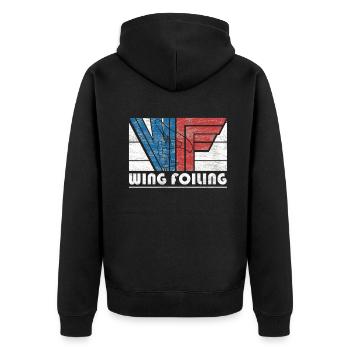 Vintage Wing Foiling Abenteuer Grafik - Unisex Premium Bio Zip Hoodie - Schwarz - Hinten - Nico (187cm)