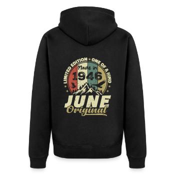 Juin 1946 Cadeau Anniversaire Juin 1946 Juin 1946 - Veste à capuche bio Premium Unisexe - noir - Dos - Nico (187cm)