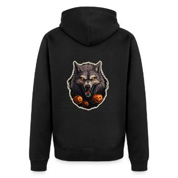 Halloween Wolf mit Kürbis - Unisex Premium Bio Zip Hoodie - Schwarz - Hinten - Nico (187cm)