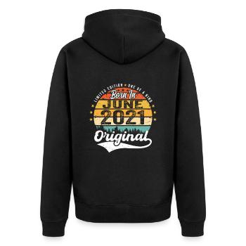 Born in June 2021 Birthday Gift June 2021 - Unisex Premium Bio Zip Hoodie - Schwarz - Hinten - Nico (187cm)
