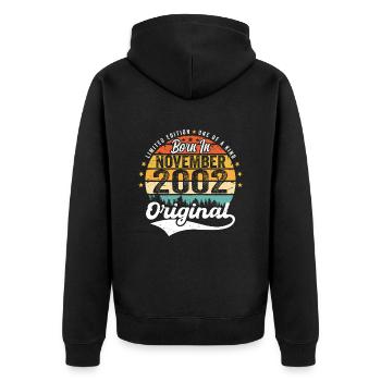 Legendär seit November 2002 - 2002 - Unisex Premium Bio Zip Hoodie - Schwarz - Hinten - Nico (187cm)