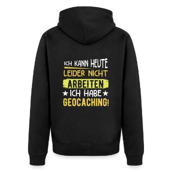 ICH KANN HEUTE LEIDER NICHT ARBEITEN, ICH HABE ... - Unisex Premium Bio Zip Hoodie - Schwarz - Hinten - Nico (187cm)