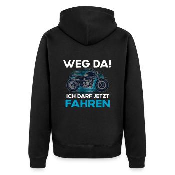 Motorradfahr Biker Motorrad Führerschein Bestanden - Unisex Premium Bio Zip Hoodie - Schwarz - Hinten - Nico (187cm)