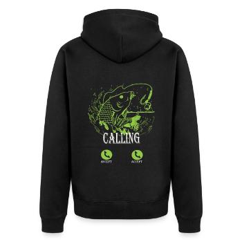 Calling Carp Spritzgrafik - Unisex Premium Bio Zip Hoodie - Schwarz - Hinten - Nico (187cm)