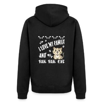 I Love My Family et Paw Paw Cat - Police blanche - Veste à capuche bio Premium Unisexe - noir - Dos - Nico (187cm)