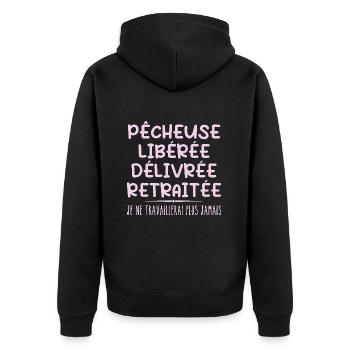 Fischerin feiert Ruhestand mit Humor Geschenk - Unisex Premium Bio Zip Hoodie - Schwarz - Hinten - Nico (187cm)