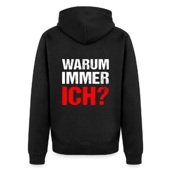 Warum immer ich? Warum - Unisex Premium Bio Zip Hoodie - Schwarz - Hinten - Nico (187cm)