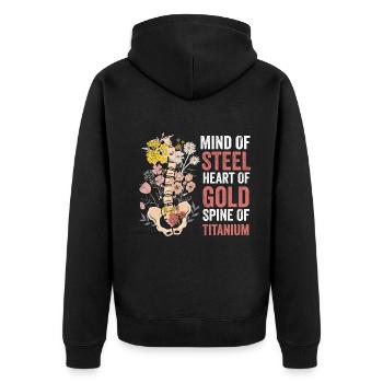 Skoliose-Stärke: Titan-Entschlossenheit - Unisex Premium Bio Zip Hoodie - Schwarz - Hinten - Nico (187cm)