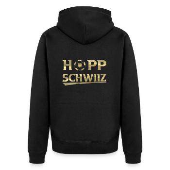 Hopp Schwiiz - Unisex Premium Bio Zip Hoodie - Schwarz - Hinten - Nico (187cm)