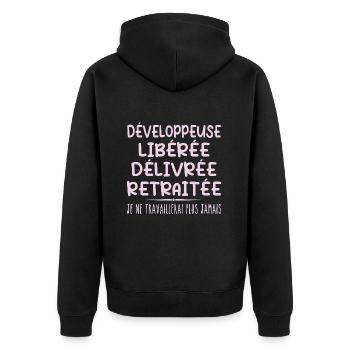 Developer celebrates retirement with humour - Unisex Premium Organic Zip Hoodie - black - Back - Nico (187cm)