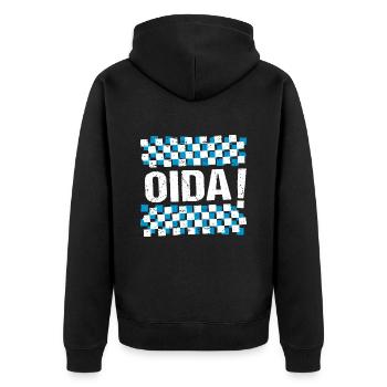 Oida Boarisch Bayern Oida! - Unisex Premium Bio Zip Hoodie - Schwarz - Hinten - Nico (187cm)