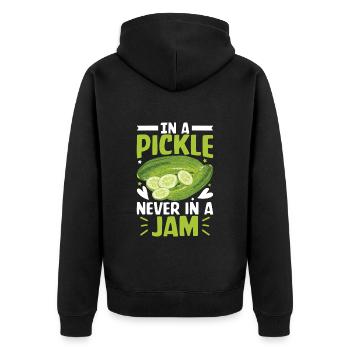 In a pickle never in a Jam- Gurken Tshirt - Unisex Premium Bio Zip Hoodie - Schwarz - Hinten - Nico (187cm)