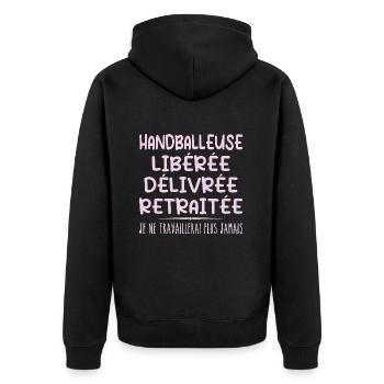 Handball player celebrates her retirement with humor cadea - Unisex Premium Organic Zip Hoodie - black - Back - Nico (187cm)