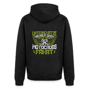 Unterschätze niemals einen alten Mann der Motoc... - Unisex Premium Bio Zip Hoodie - Schwarz - Hinten - Nico (187cm)