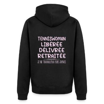 Tennisfrau feiert ihren Ruhestand mit Humor Geschenk - Unisex Premium Bio Zip Hoodie - Schwarz - Hinten - Nico (187cm)