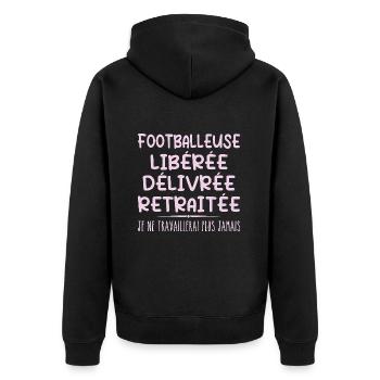 Fußballerin feiert ihren Rücktritt mit Humor cadea - Unisex Premium Bio Zip Hoodie - Schwarz - Hinten - Nico (187cm)