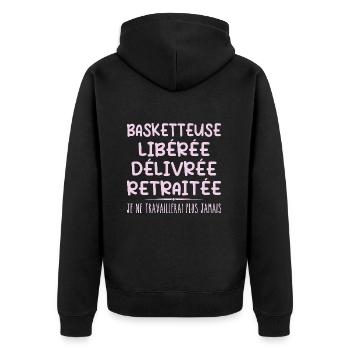 Basketballspieler feiert Ruhestand mit humorvollem Geschenk - Unisex Premium Bio Zip Hoodie - Schwarz - Hinten - Nico (187cm)