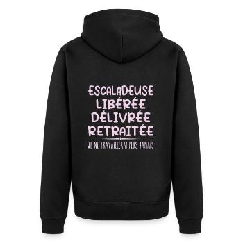 Kletterin feiert ihren Ruhestand mit Humor - Unisex Premium Bio Zip Hoodie - Schwarz - Hinten - Nico (187cm)