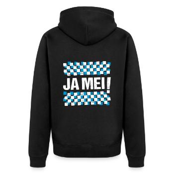 Ja mei! Bayrische Sprüche Bayern - Unisex Premium Bio Zip Hoodie - Schwarz - Hinten - Nico (187cm)