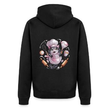 Liebenswerte Katze beim Backen - Unisex Premium Bio Zip Hoodie - Schwarz - Hinten - Nico (187cm)